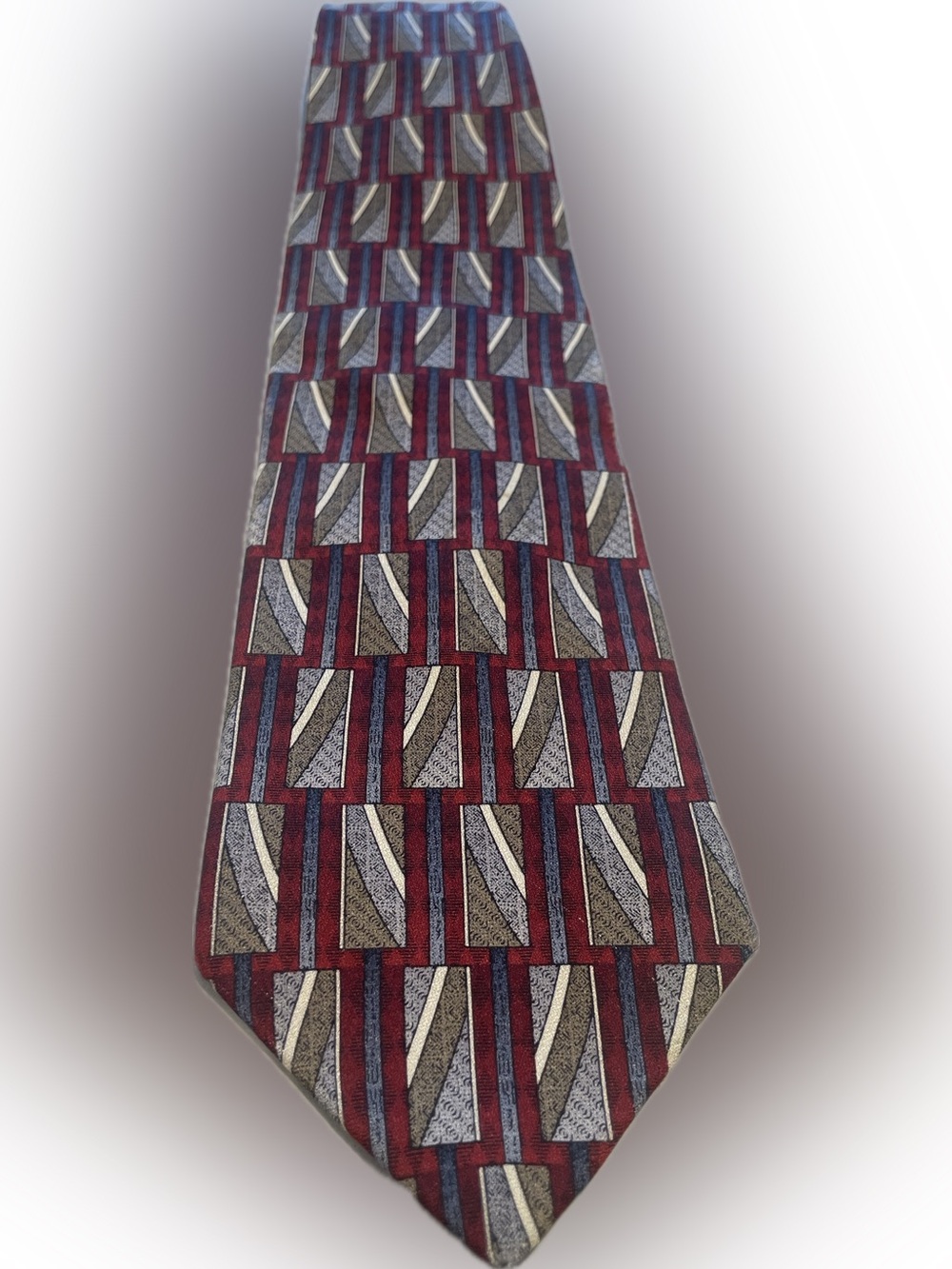 Geometric Pattern Silk Tie in Burgundy, Gold, Navy